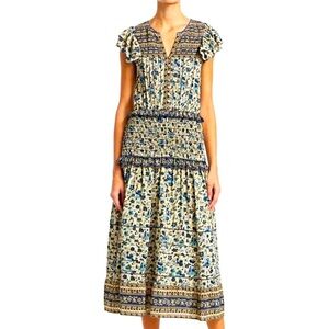 Sea New York Silk Floral Flutter Sleeve Midi Dress Blue Cream, Size 4